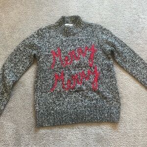 Festive Gray Knit Sweater with Red Script
